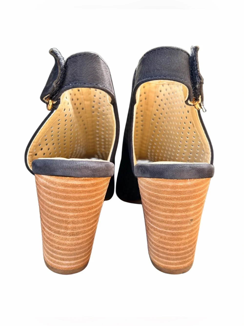Perforated Leather Block Heel Sandals